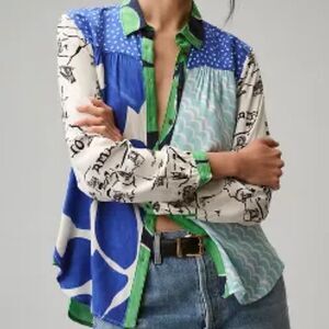 Maeve x Anthropologie The Paz Buttondown Patchwork Amalfi Coast/Italy Print NWOT